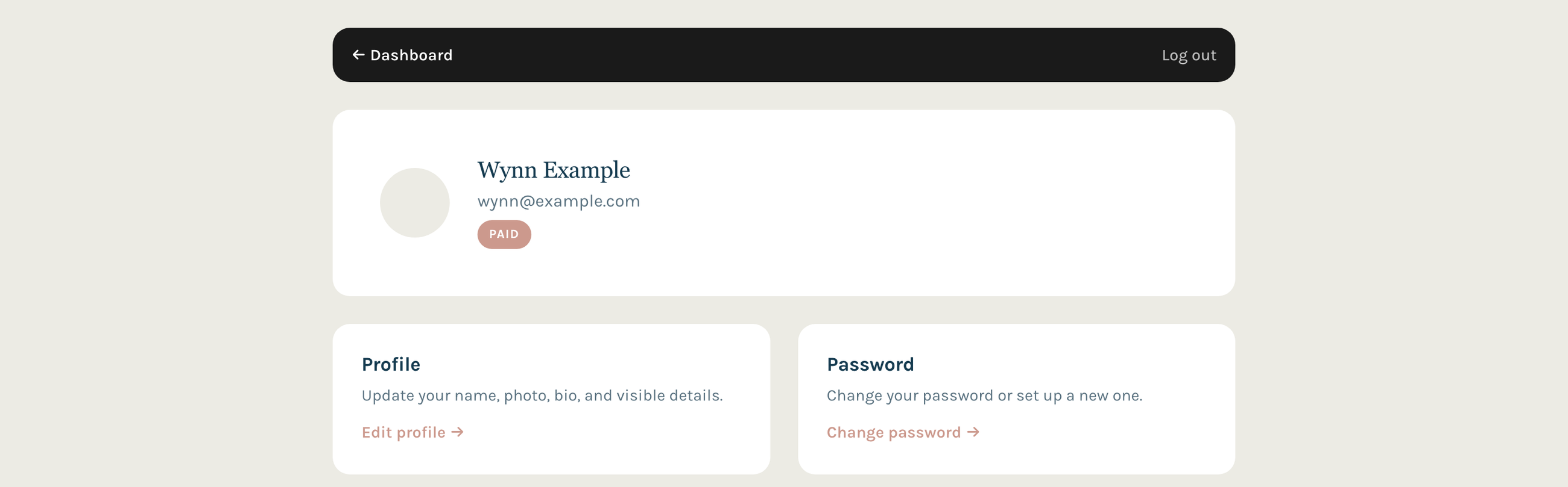 Account hub template: the member's name, email and tier badge, with a card for the profile and a card for the password