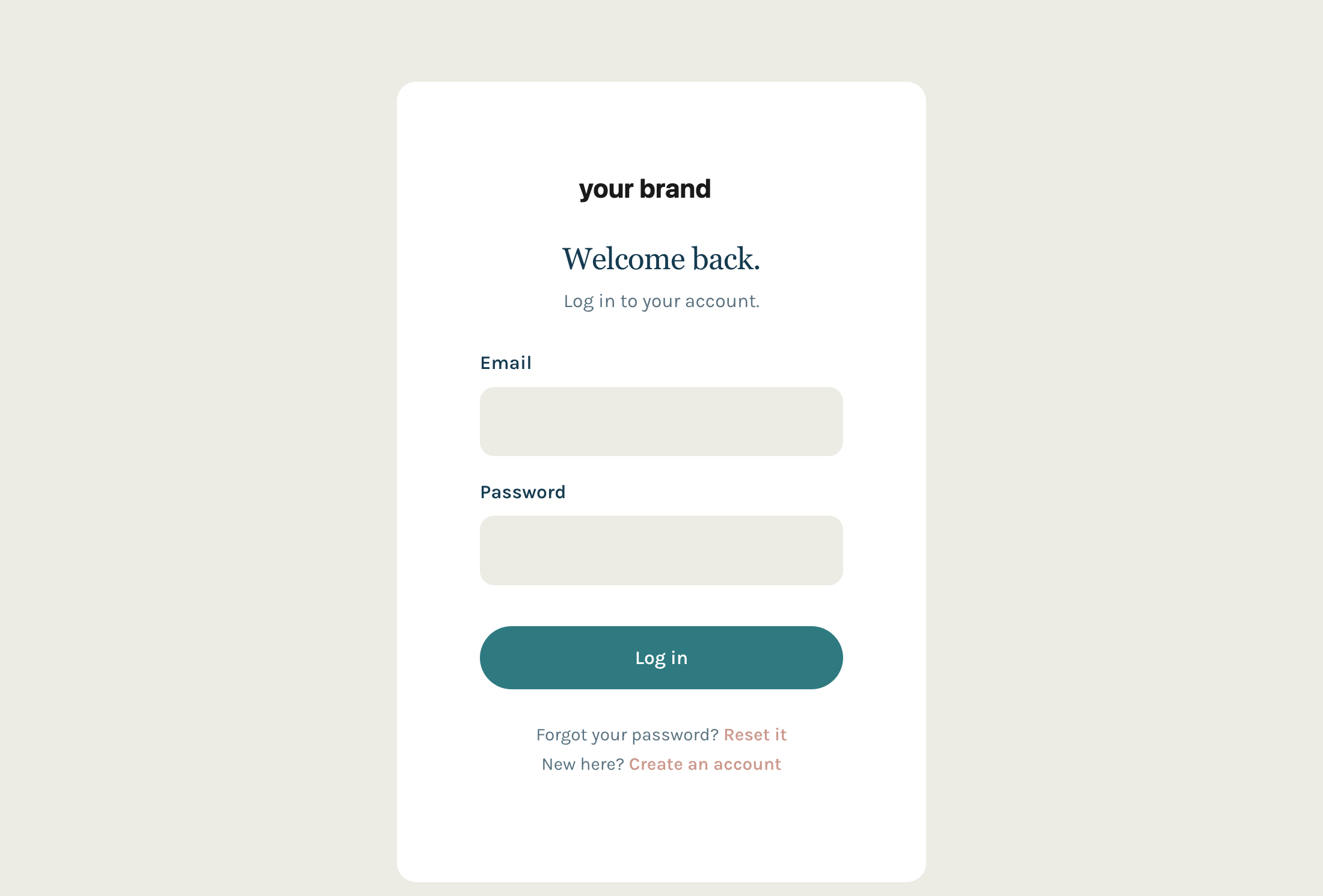 Brand-neutral login template: email, password, one log-in button, and links to reset a password or create an account