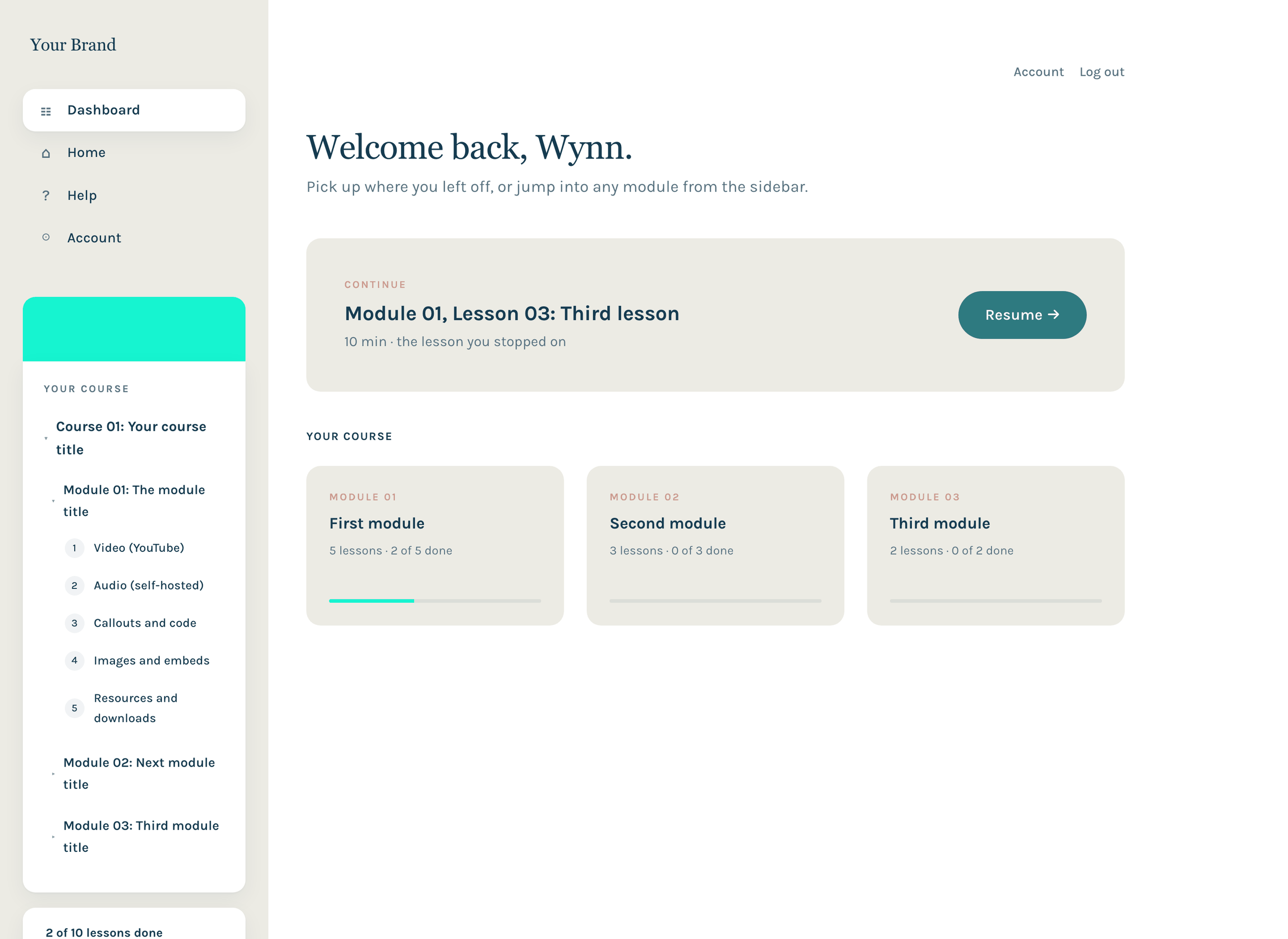 Member dashboard template: a welcome by name, a continue card pointing at the current lesson, and a grid of modules with progress bars