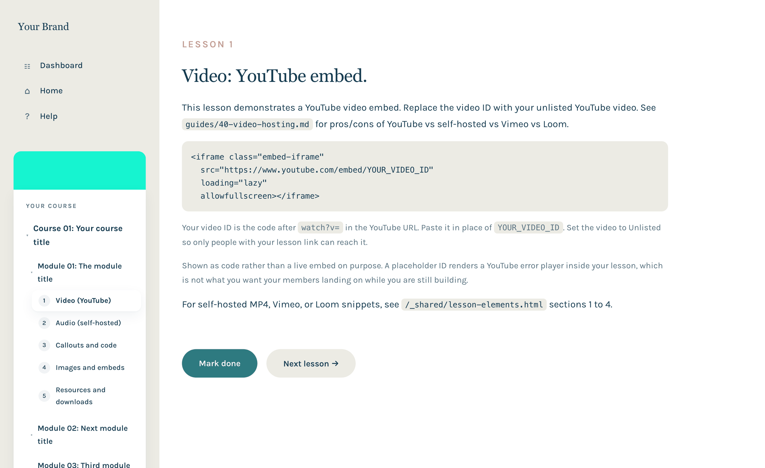 Lesson page template with sidebar course tree, eyebrow label, heading, and the video embed shown as code