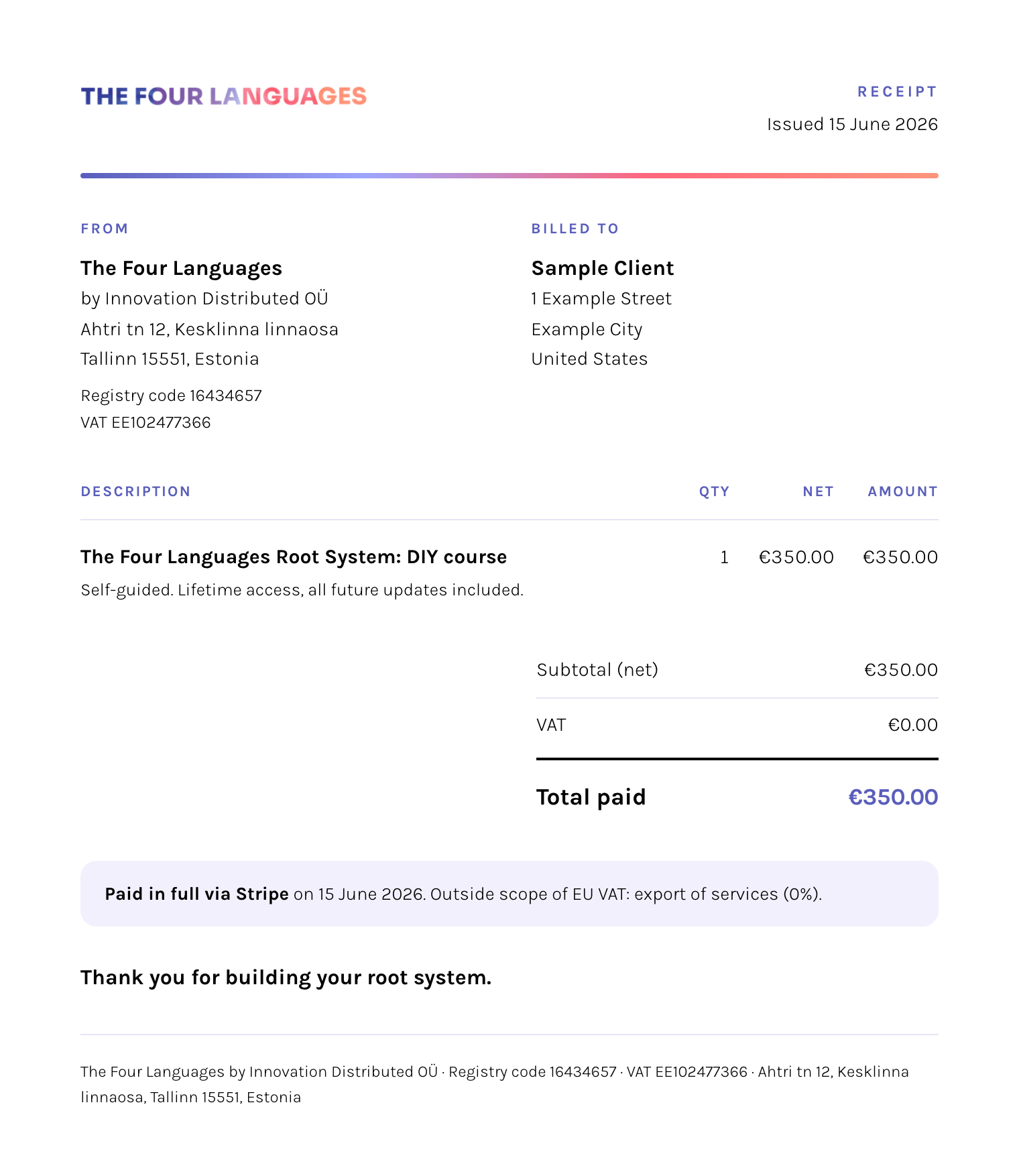 A sample branded invoice: your logo, your colours, your business details, a placeholder client and amount