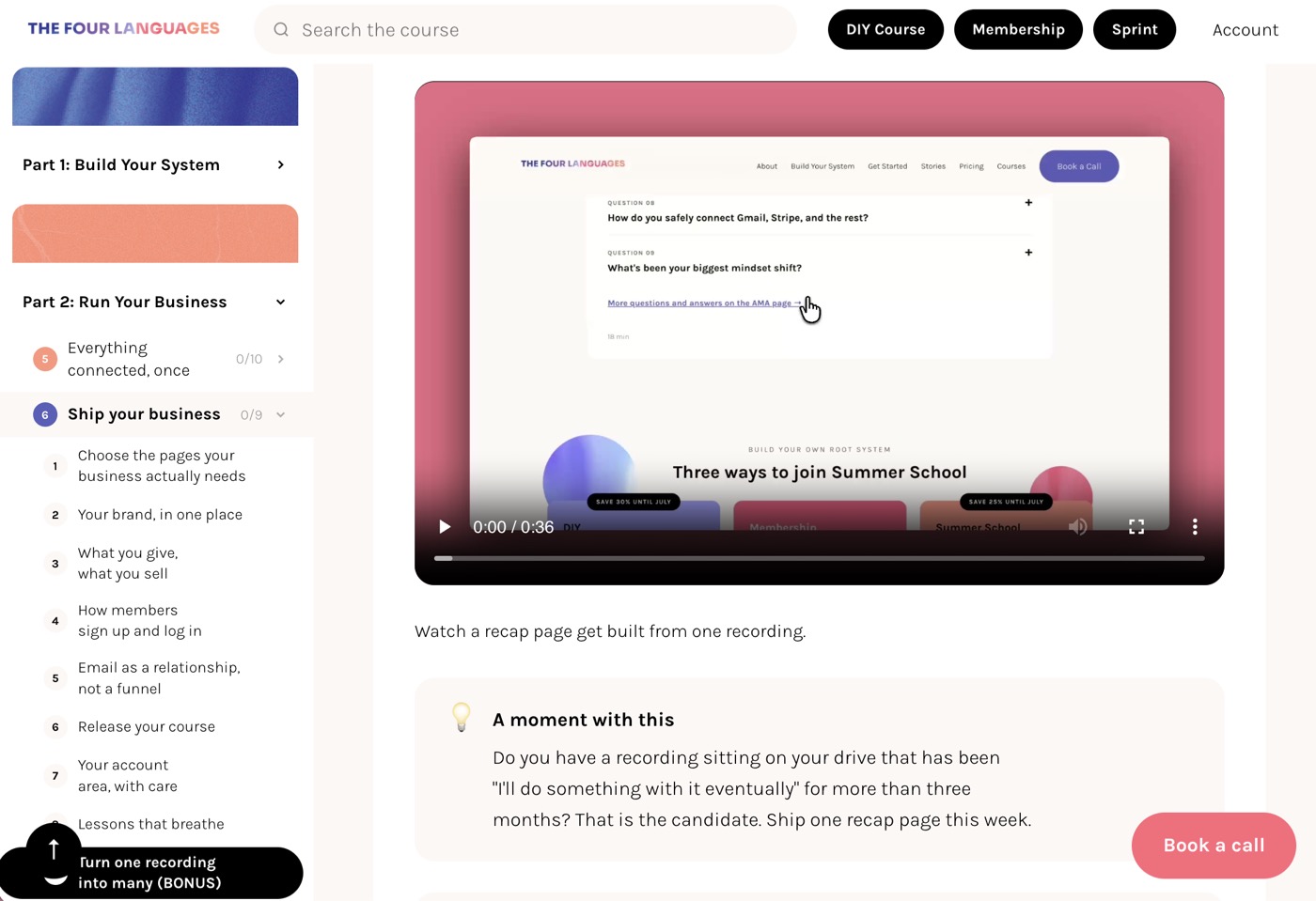 The Four Languages course platform: modules, lessons, and video